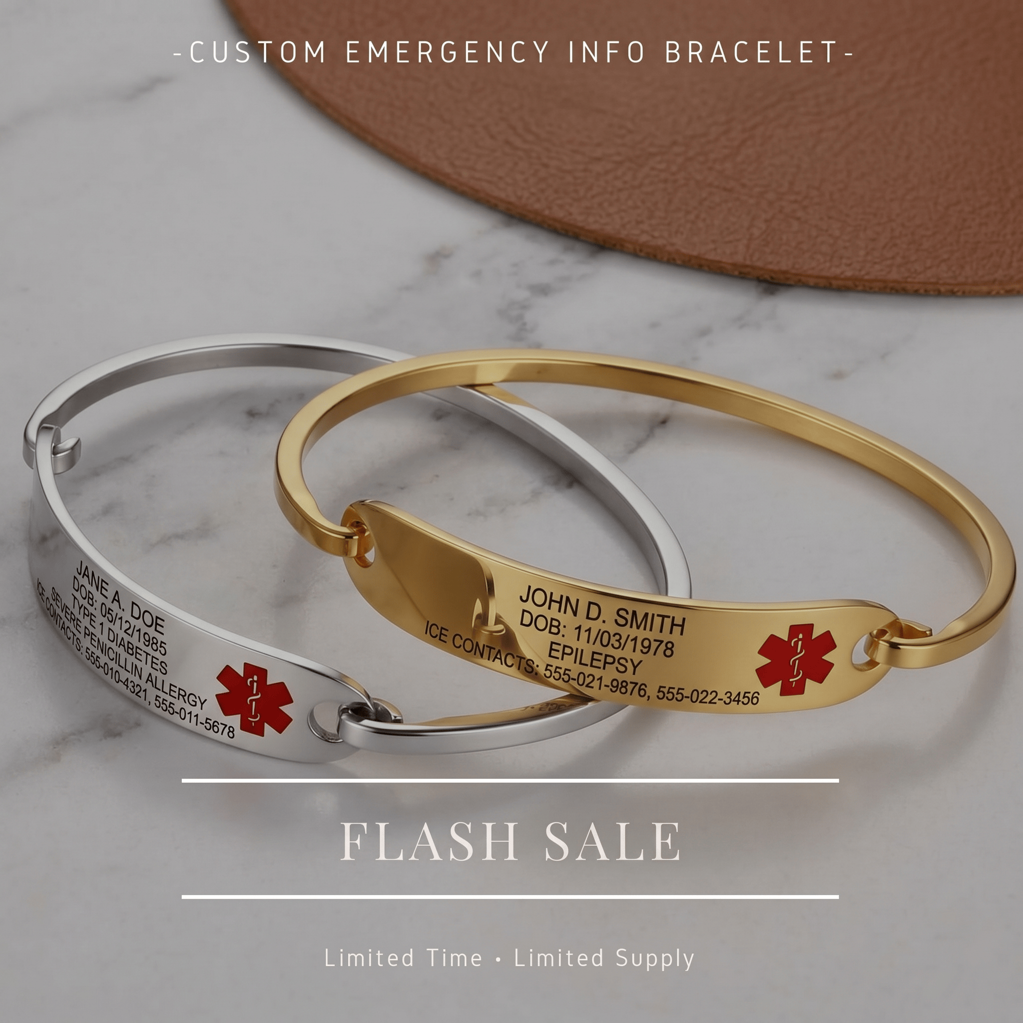 Medical Alert Bangles in Gold and Silver