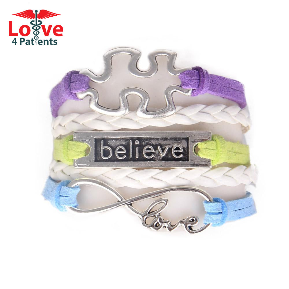 Custom Hand-made Puzzle Piece Autism Awareness "Believe" Hope Leather Bracelet