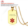 Custom Engraved Gold Medical Alert ID Tag Necklace Pendant Stainless Steel Chain for Patients