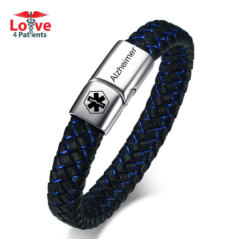 Engraved Medical Alert ID Braided Leather Bracelet with Clasp