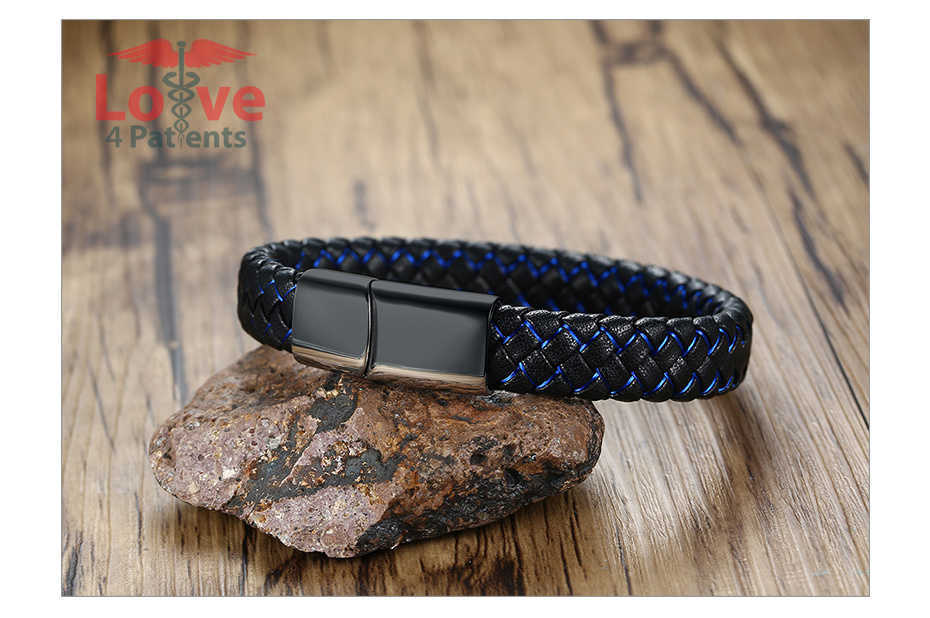 Engraved Medical Alert ID Braided Leather Bracelet with Clasp