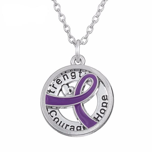 Purple Ribbon with Strength Hope Courage Words chain and pendant for Breast Cancer Awareness