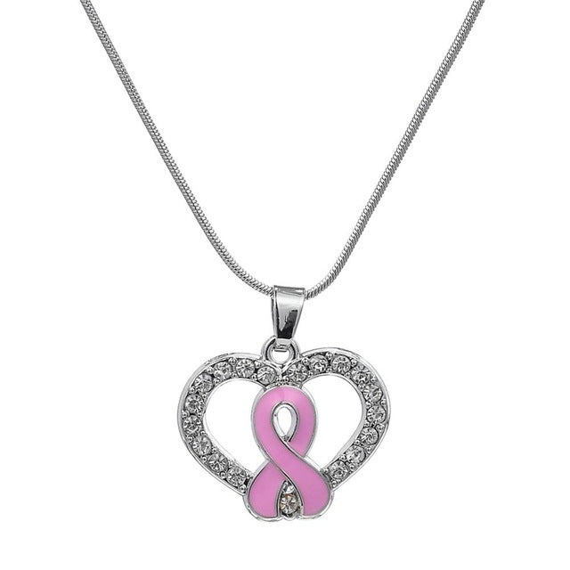 Pink Ribbon Heart Necklace with Pendant Charm for Breast Cancer Awareness