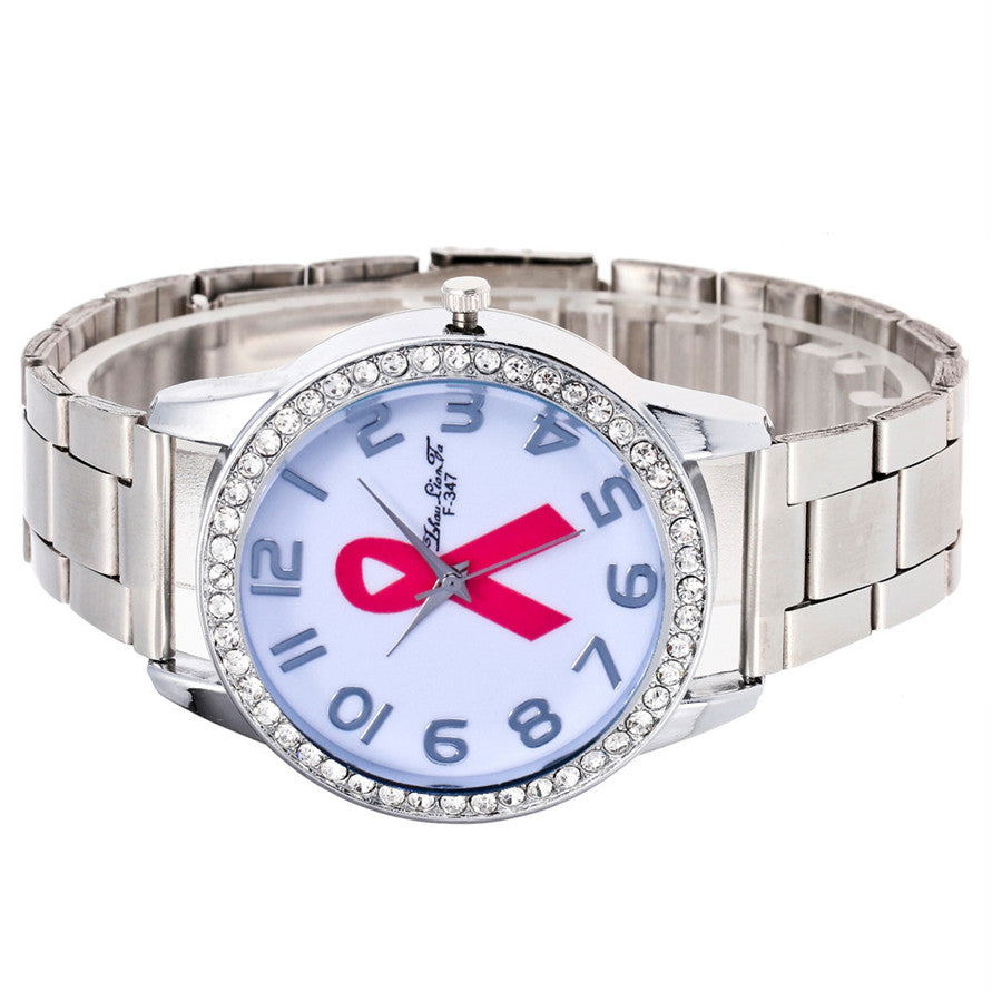 HIV Symbol Stainless Steel Wrist Watch with Rhinestones
