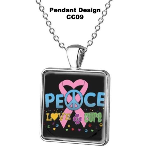 Breast Cancer Awareness Square Glass Pendant w/Necklace