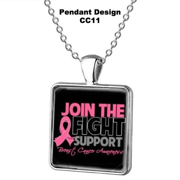Breast Cancer Awareness Square Glass Pendant w/Necklace