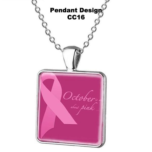 Breast Cancer Awareness Square Glass Pendant w/Necklace