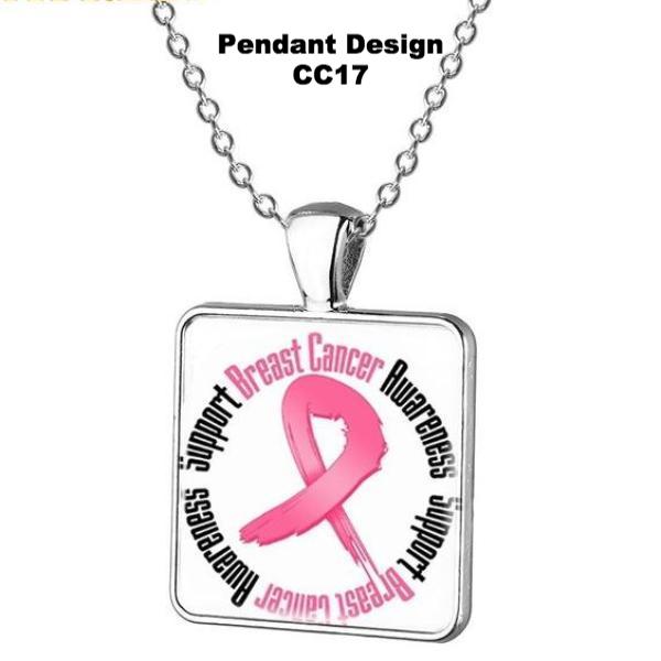 Breast Cancer Awareness Square Glass Pendant w/Necklace