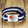 White and Blue Striped Custom Engraved Medical Alert ID Bracelet for Kids