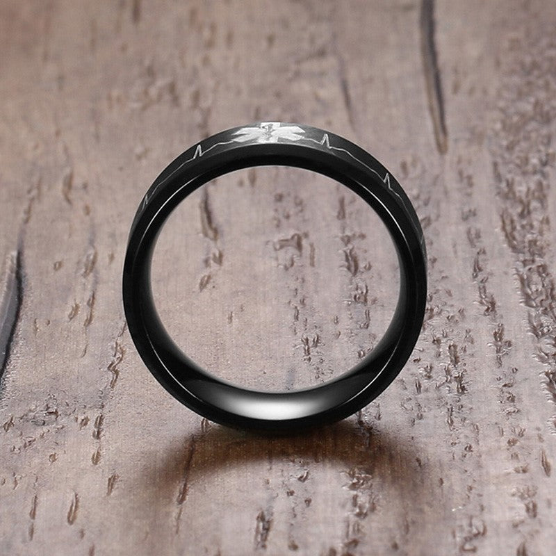 Laser Engraved EMT Symbol Black Stainless Steel Ring for Men