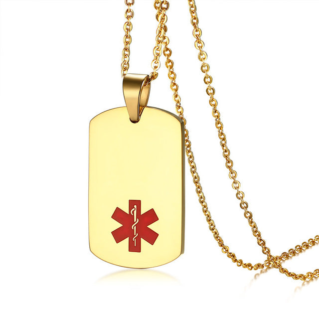 Custom Engraved Gold Medical Alert ID Tag Necklace Pendant Stainless Steel Chain for Patients