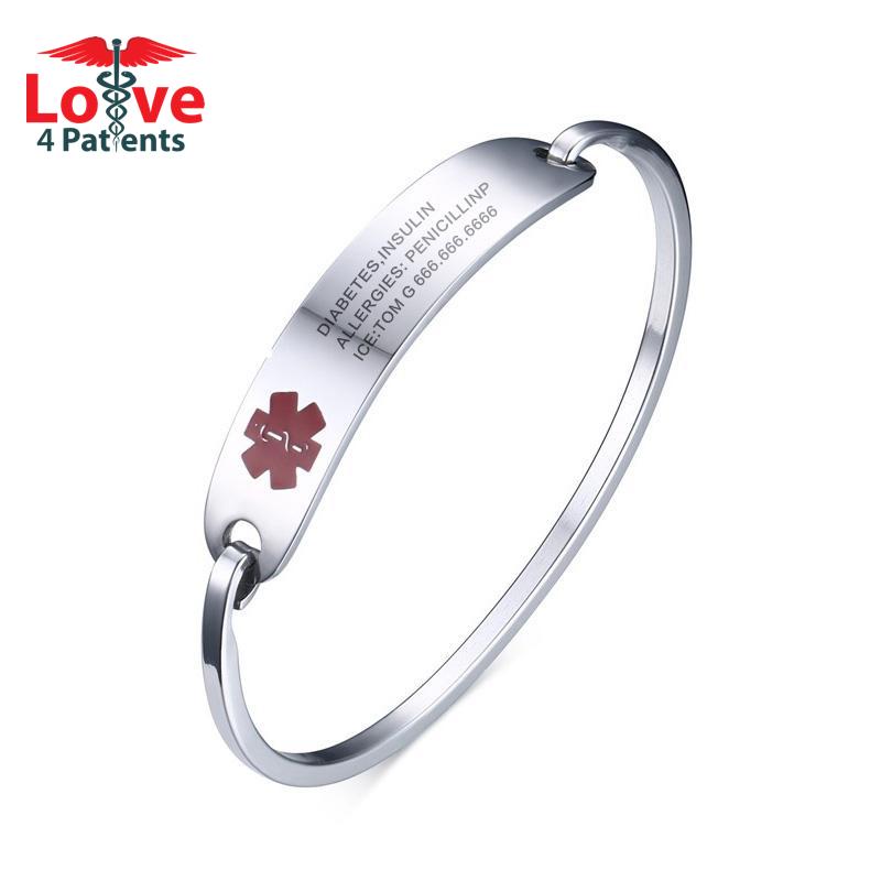 Custom Engraved Medical Alert ID Cuff Bangle Bracelet for Patients (Stainless Steel Gold/Silver Color Cuff Design)