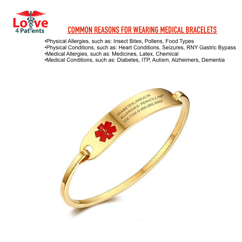 Custom Engraved Medical Alert ID Cuff Bangle Bracelet for Patients (Stainless Steel Gold/Silver Color Cuff Design)