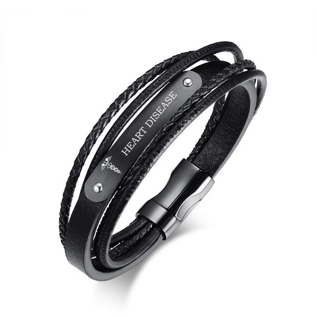 Stainless Steel Genuine Leather Wristband Black Medical Bracelet (Personalized Engraving Available)